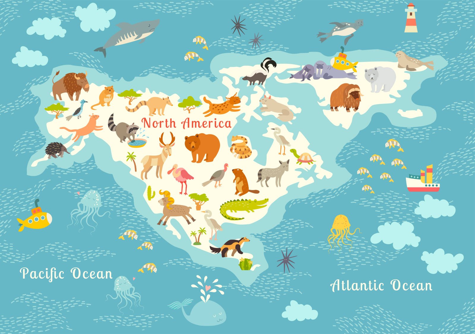 Illustrated North America animal map for kids