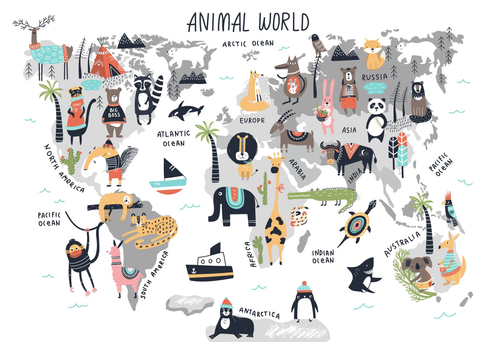Illustrated world map with cartoon animals by continent