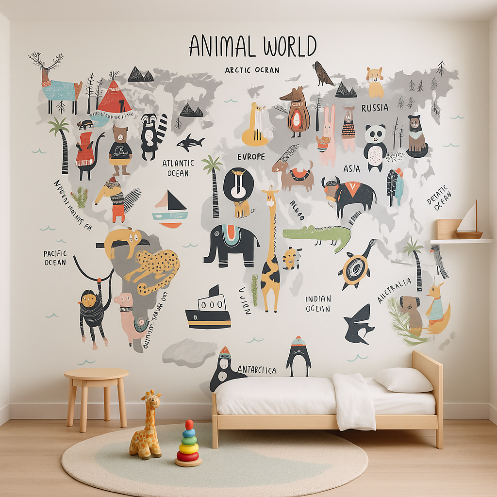 Illustrated world map with cartoon animals by continent