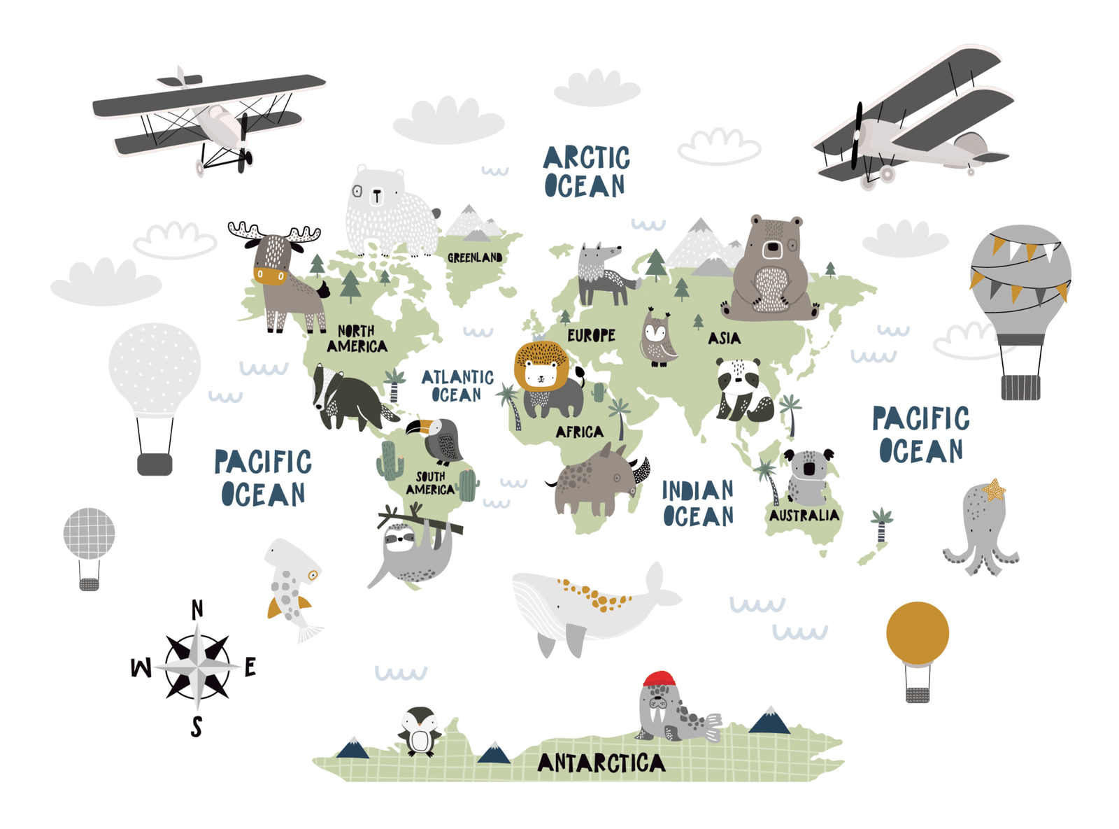World map with animals nursery decor