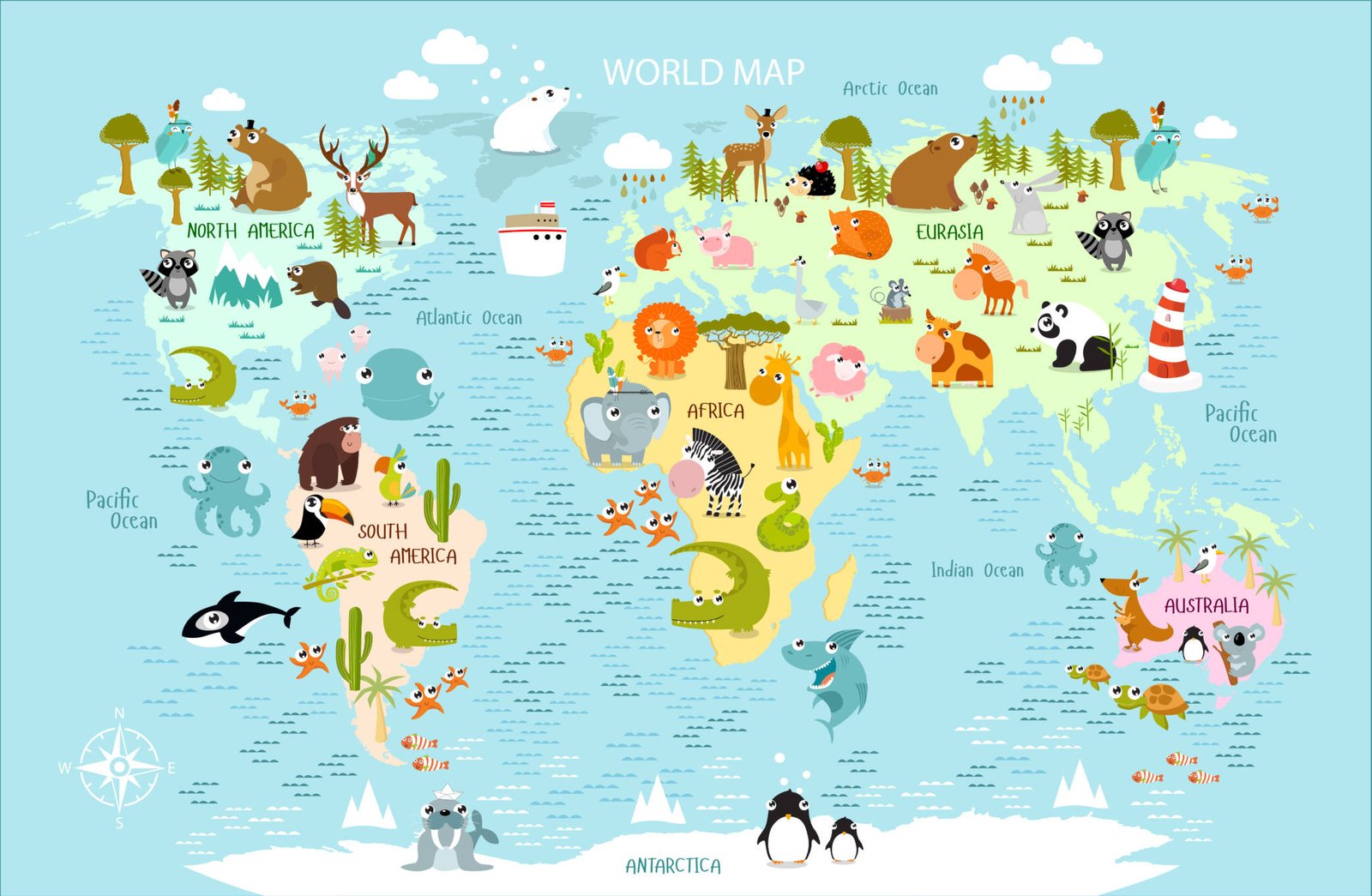 Kids' room world map animal mural