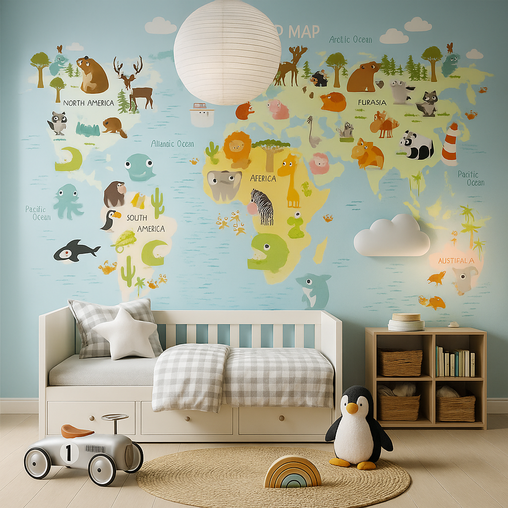 Kids' room world map animal mural