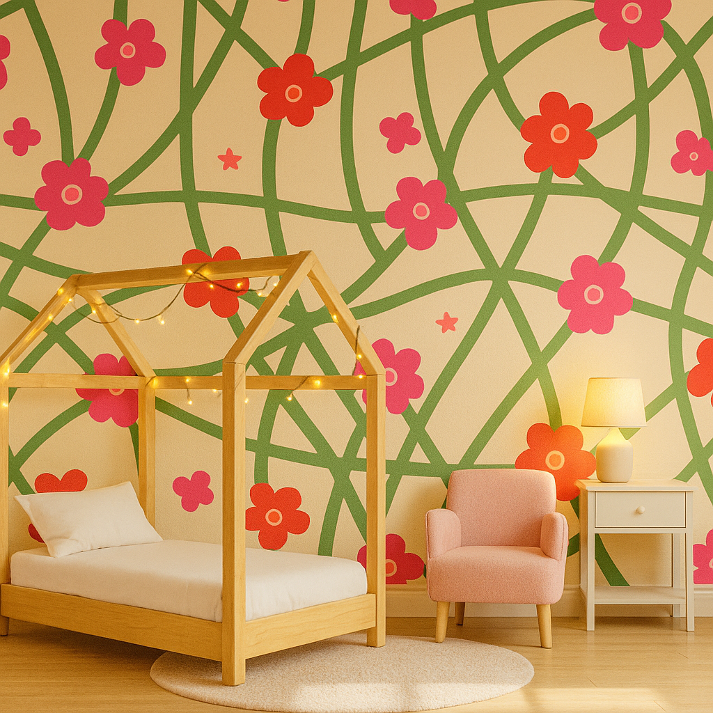 Kids' room with wooden house bed and floral lattice wallpaper.