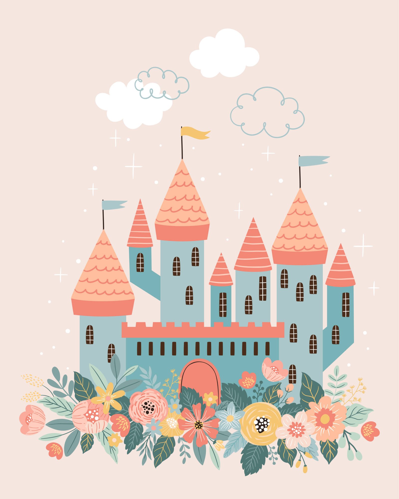 Fairy tale castle wallpaper for girls' bedroom decor.