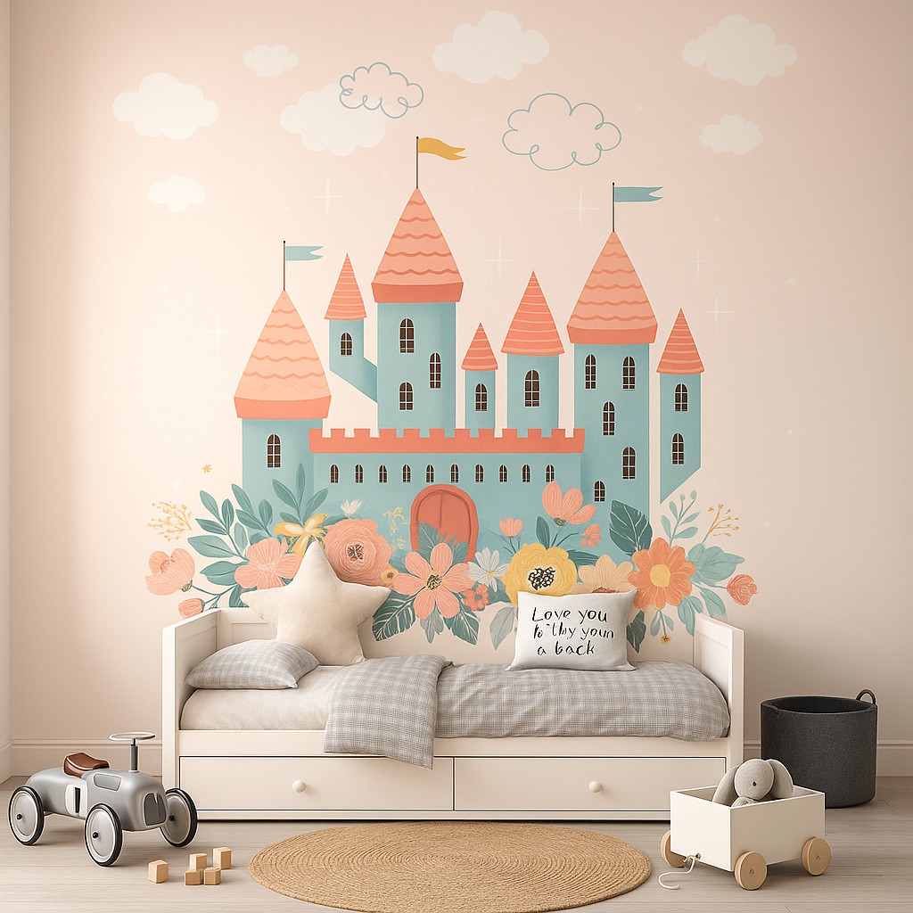 Fairy tale castle wallpaper for girls' bedroom decor.