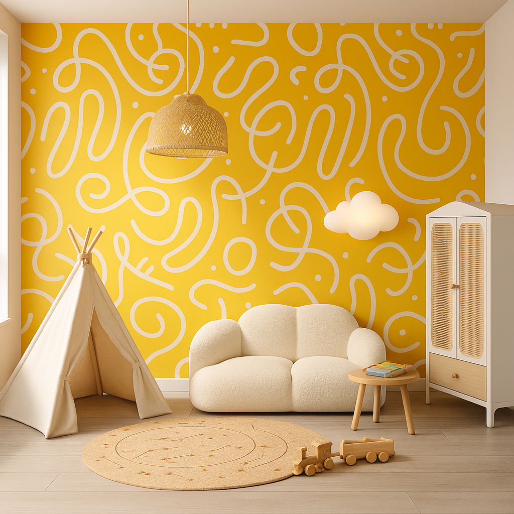 Yellow abstract kids wallpaper in modern nursery room.