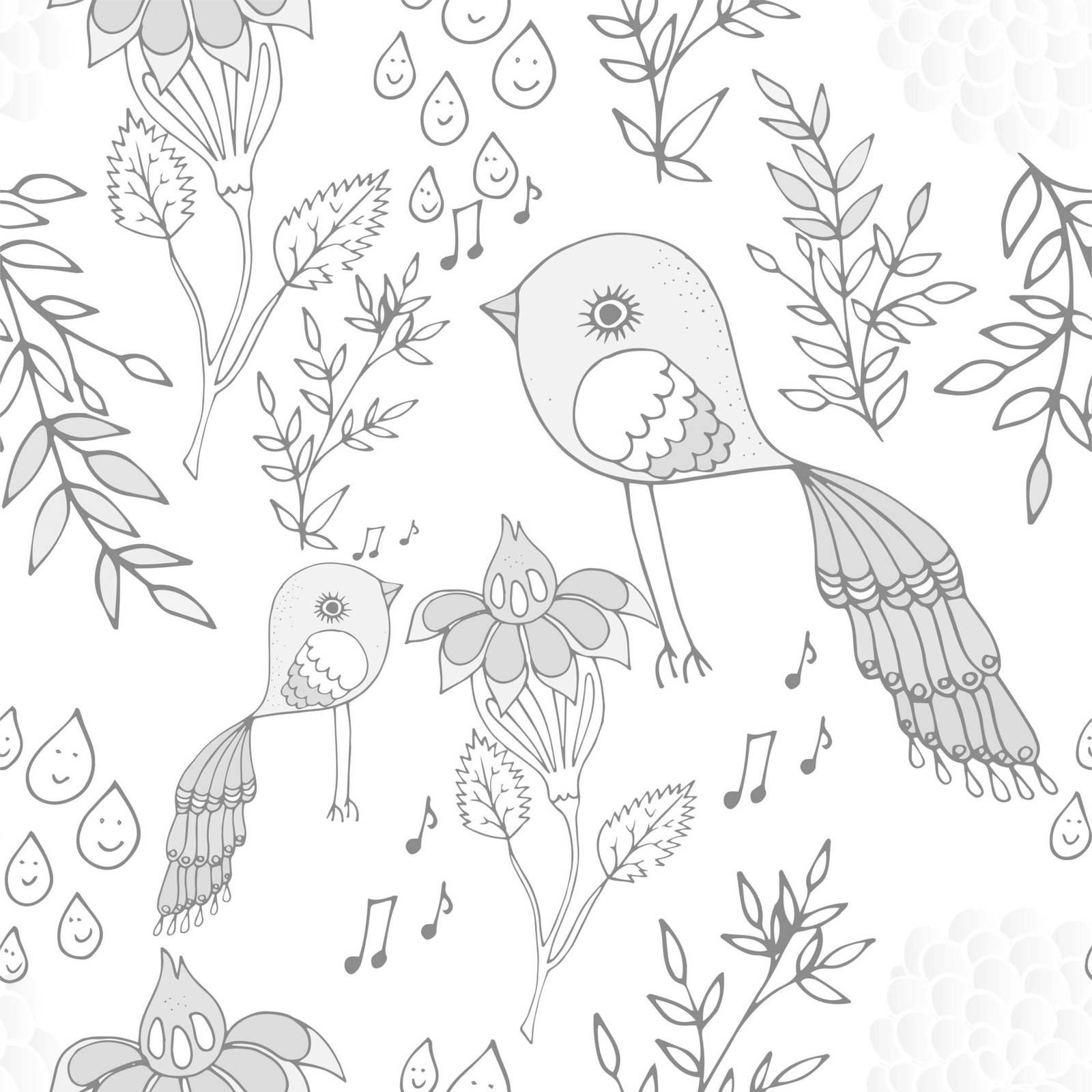 Line art birds with flowers and musical notes illustration