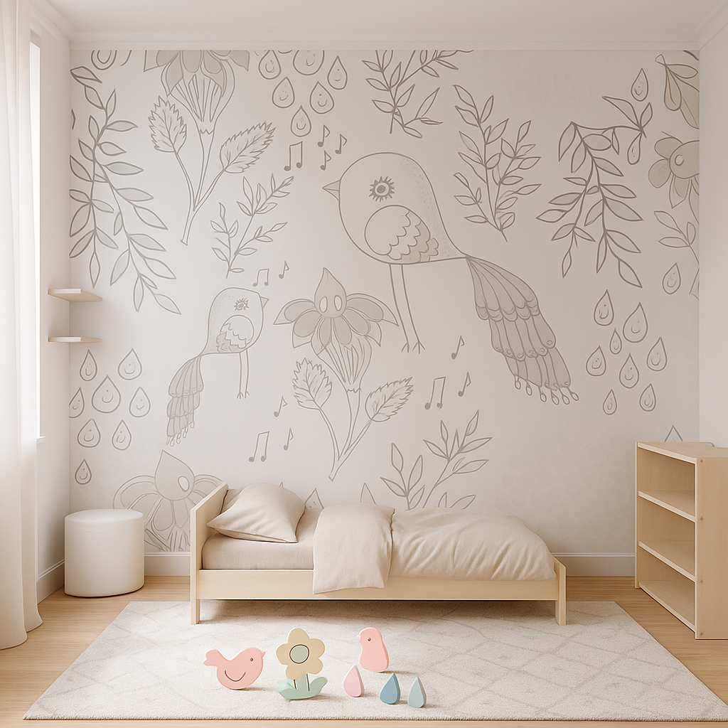 Line art birds with flowers and musical notes illustration