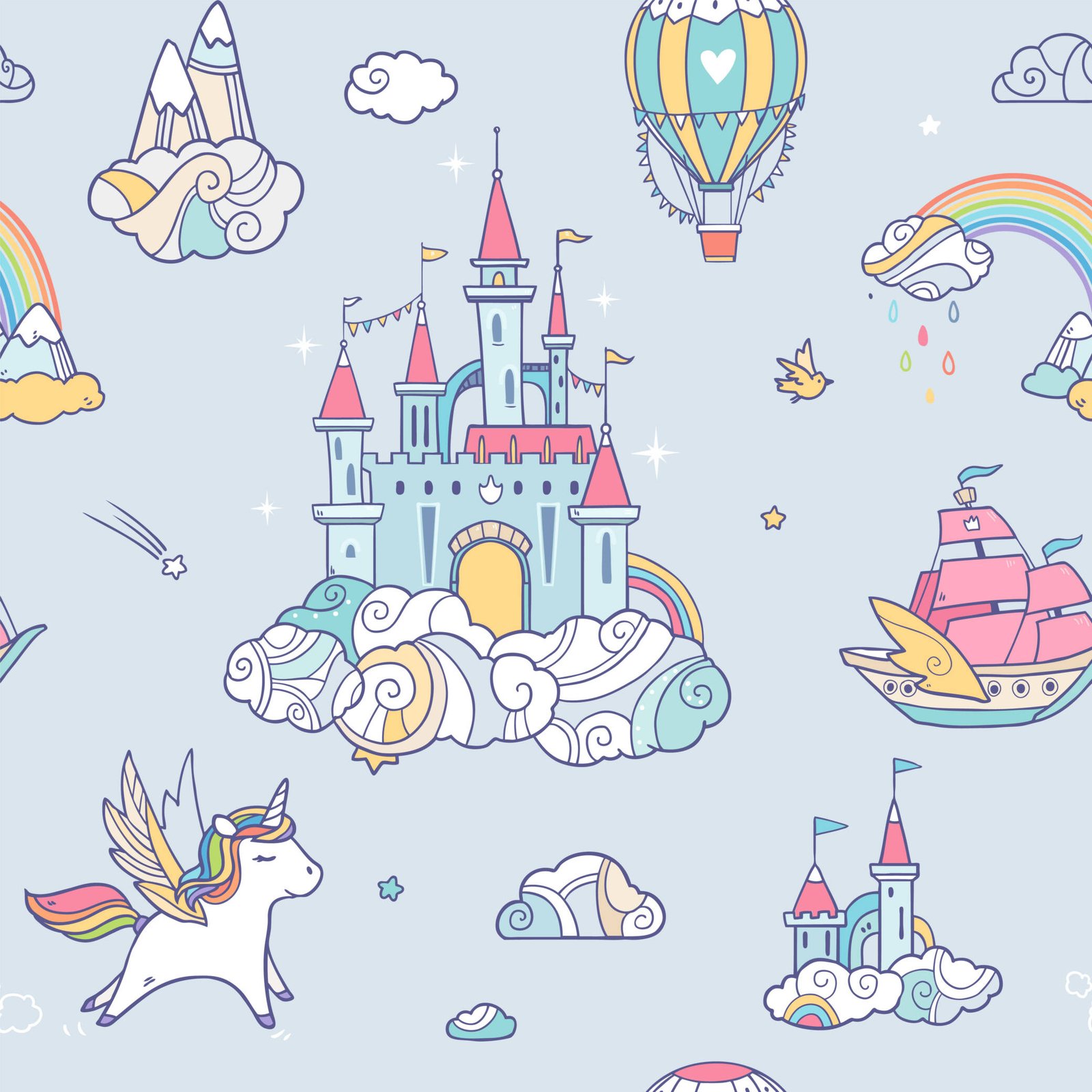 Whimsical castle, unicorn, and hot air balloon cartoon pattern
