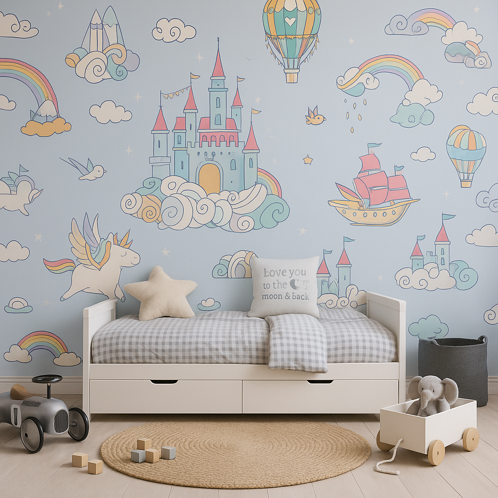 Whimsical castle, unicorn, and hot air balloon cartoon pattern