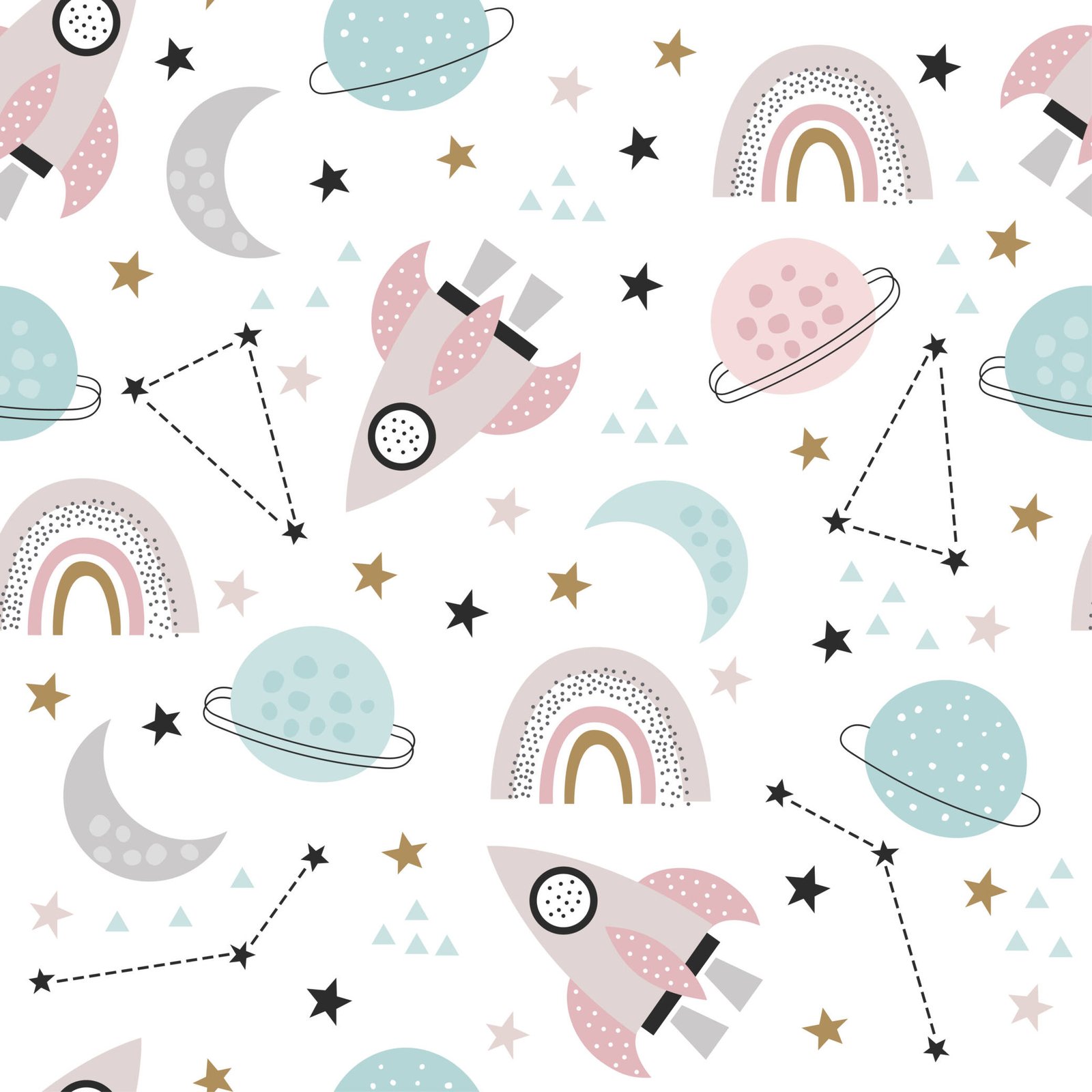 Kids' room with space-themed wallpaper and pastel furniture.