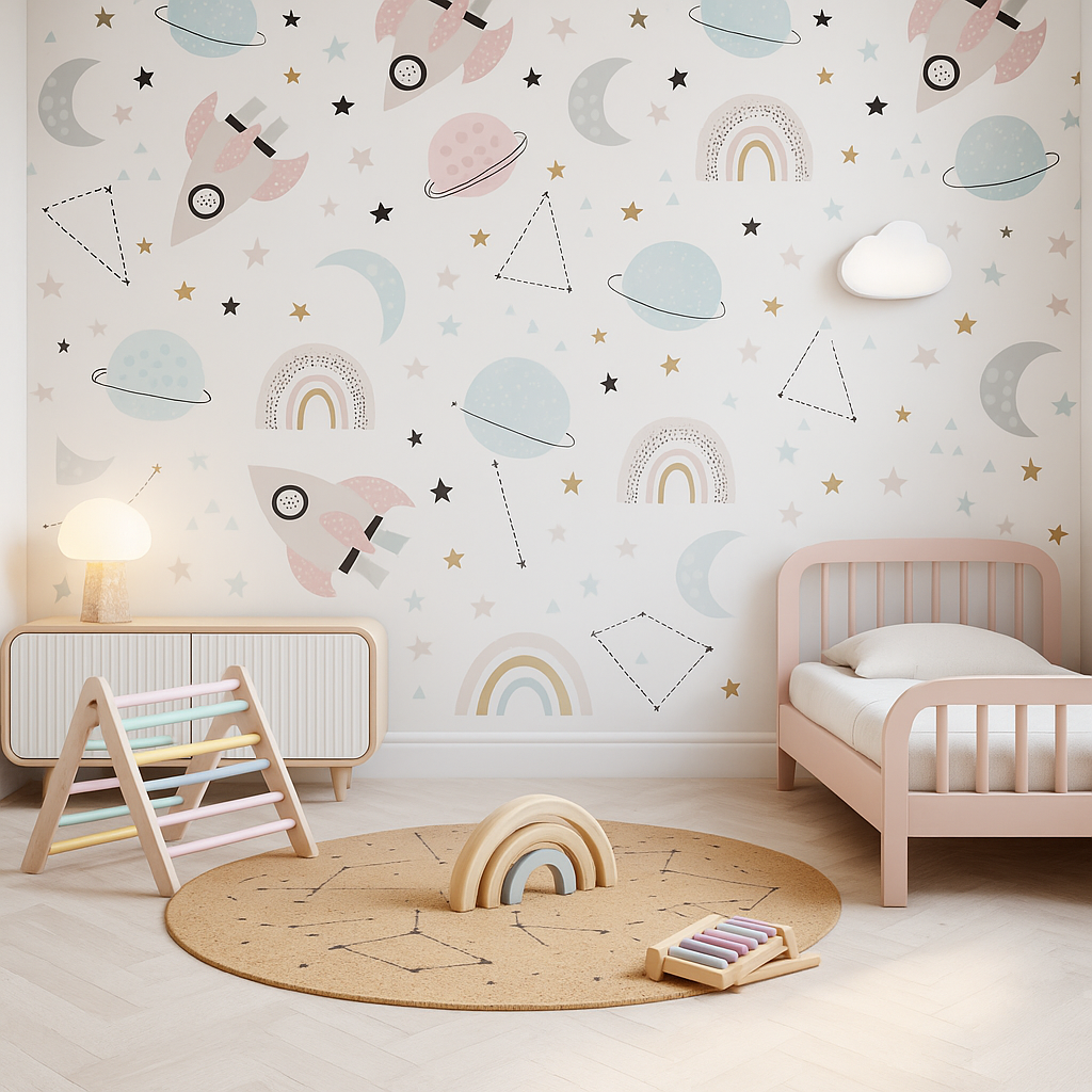 Kids room with space-themed wallpaper and pastel furniture.
