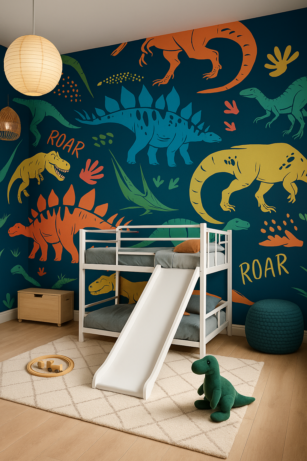 Kids room dinosaur mural with slide bed