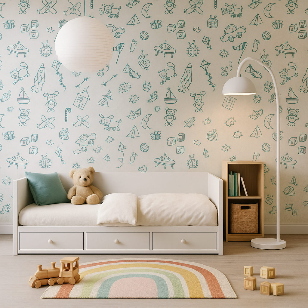 Kids room with doodle wallpaper and white bed