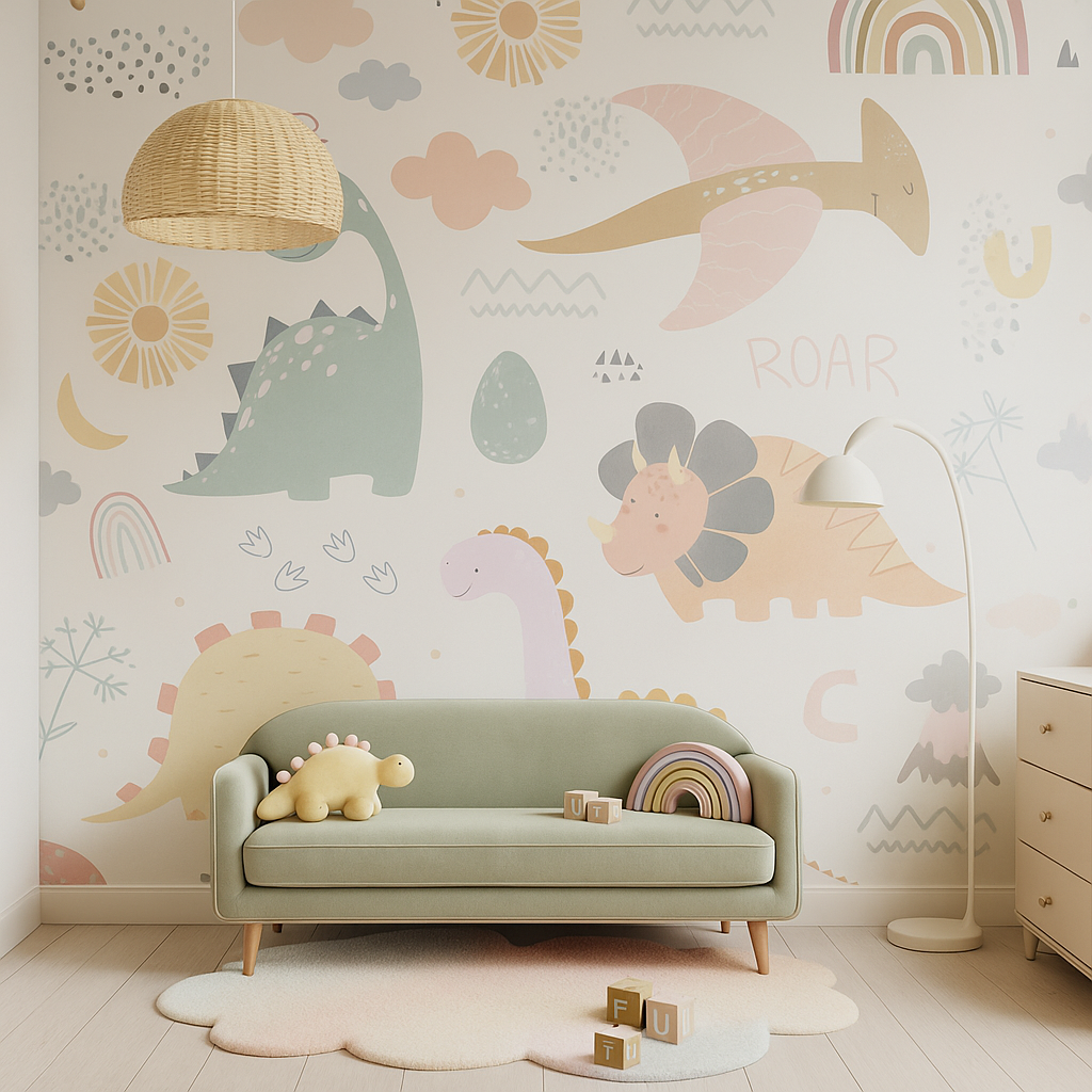 Dinosaur wallpaper with kids sofa and toys