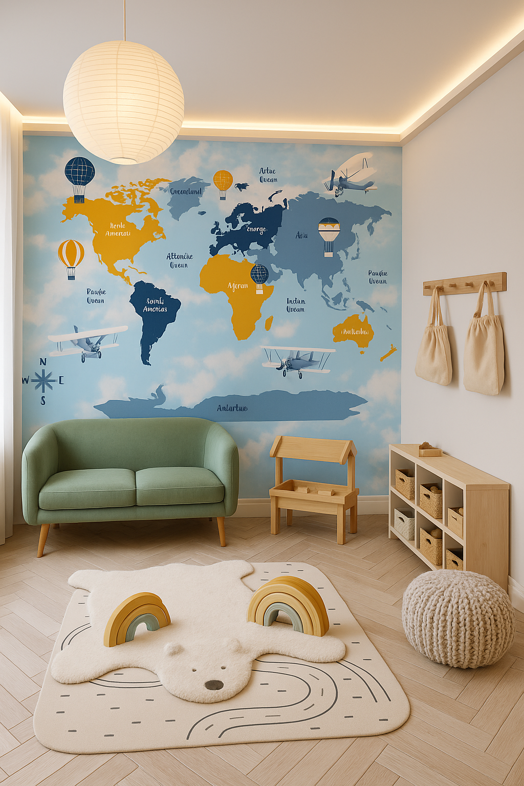World map wallpaper in kids room with green sofa and rainbow rug – Luxe Decor UAE