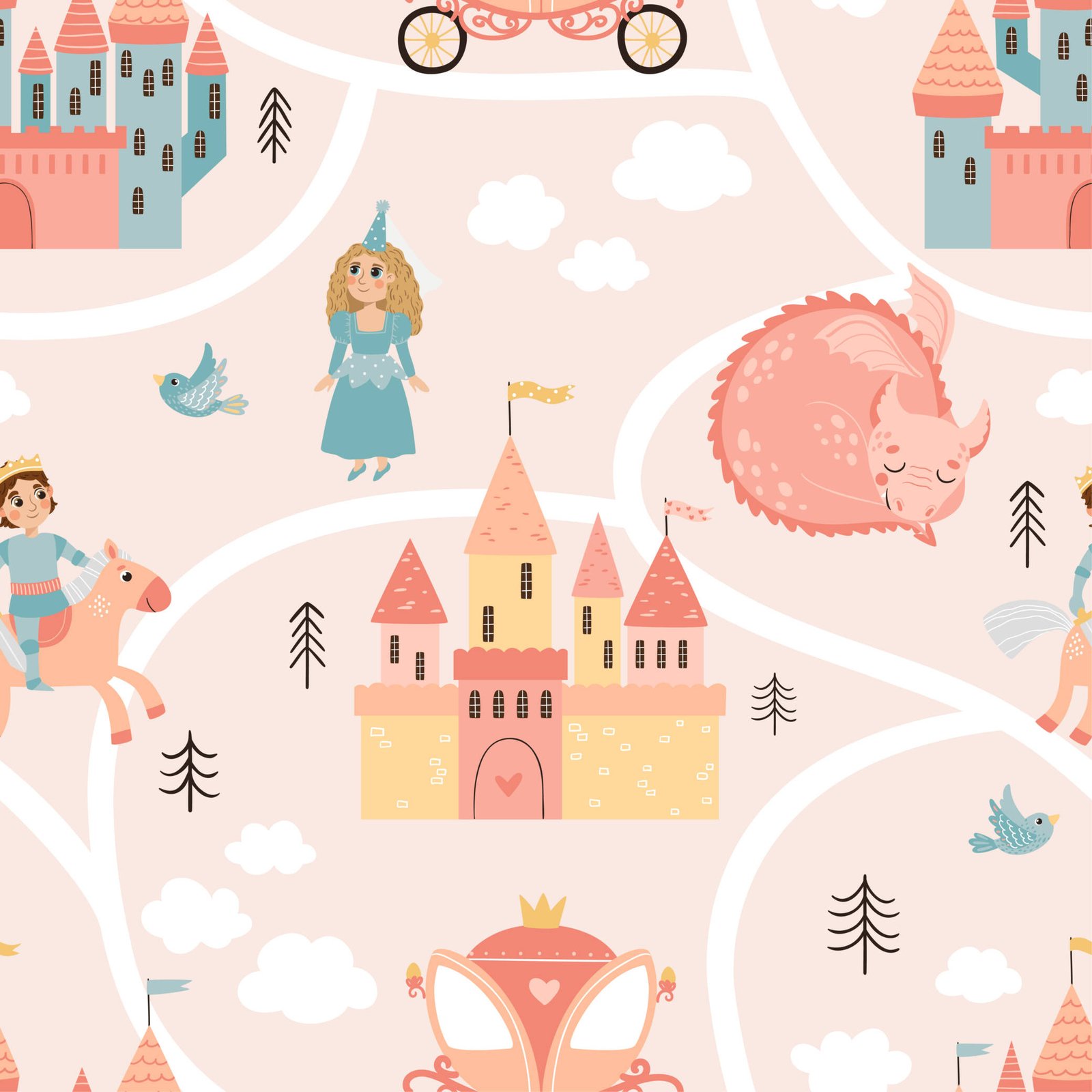 Kids' room with fairy tale castle wallpaper and pastel furniture.