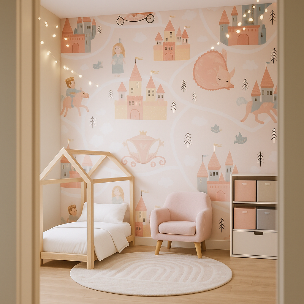 Kids room with fairy tale castle wallpaper and pastel furniture.