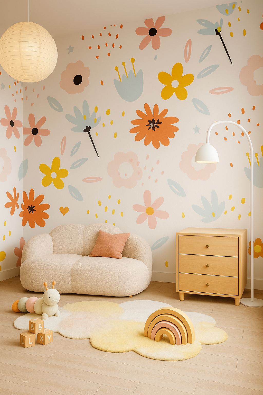 Floral pastel wallpaper with kids room furniture