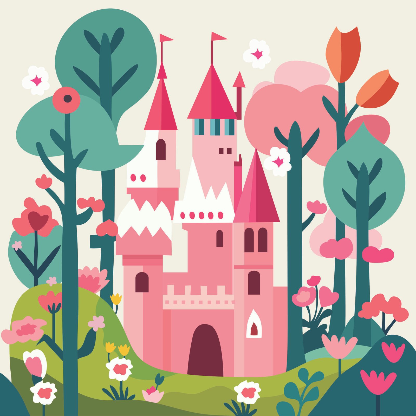 Pink fairy tale castle surrounded by colorful flowers and trees