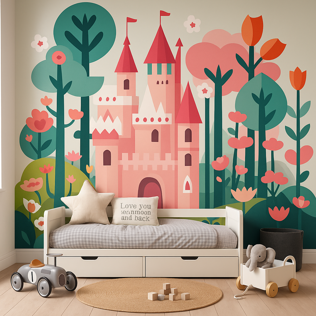 Pink fairy tale castle surrounded by colorful flowers and trees