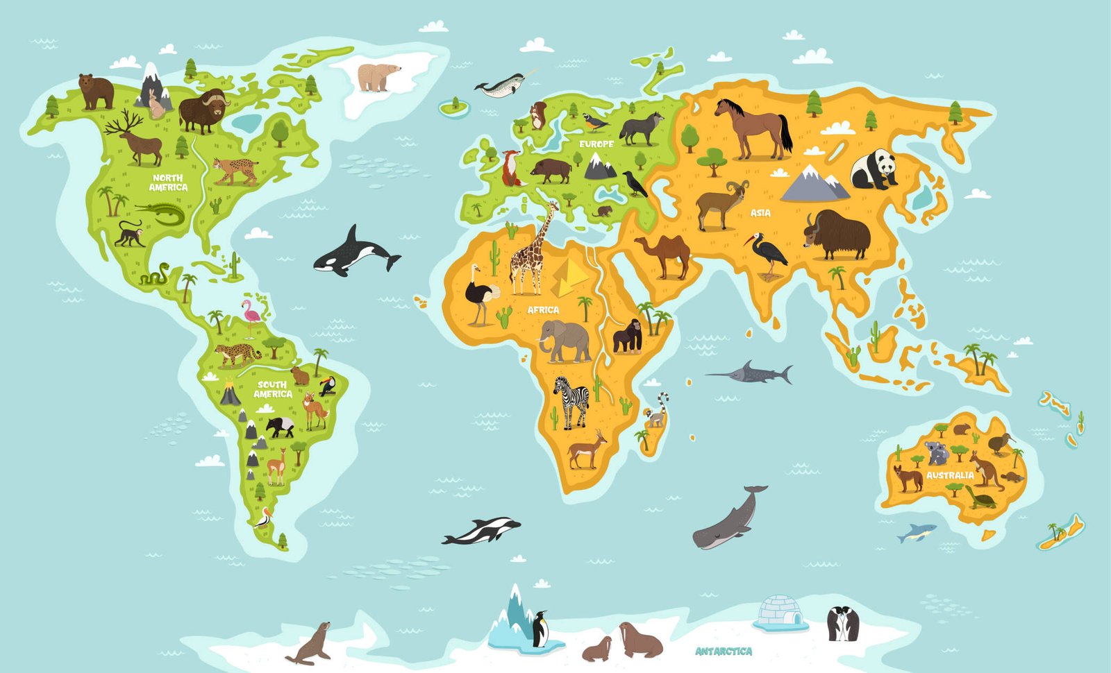 World map with animals representing each continent