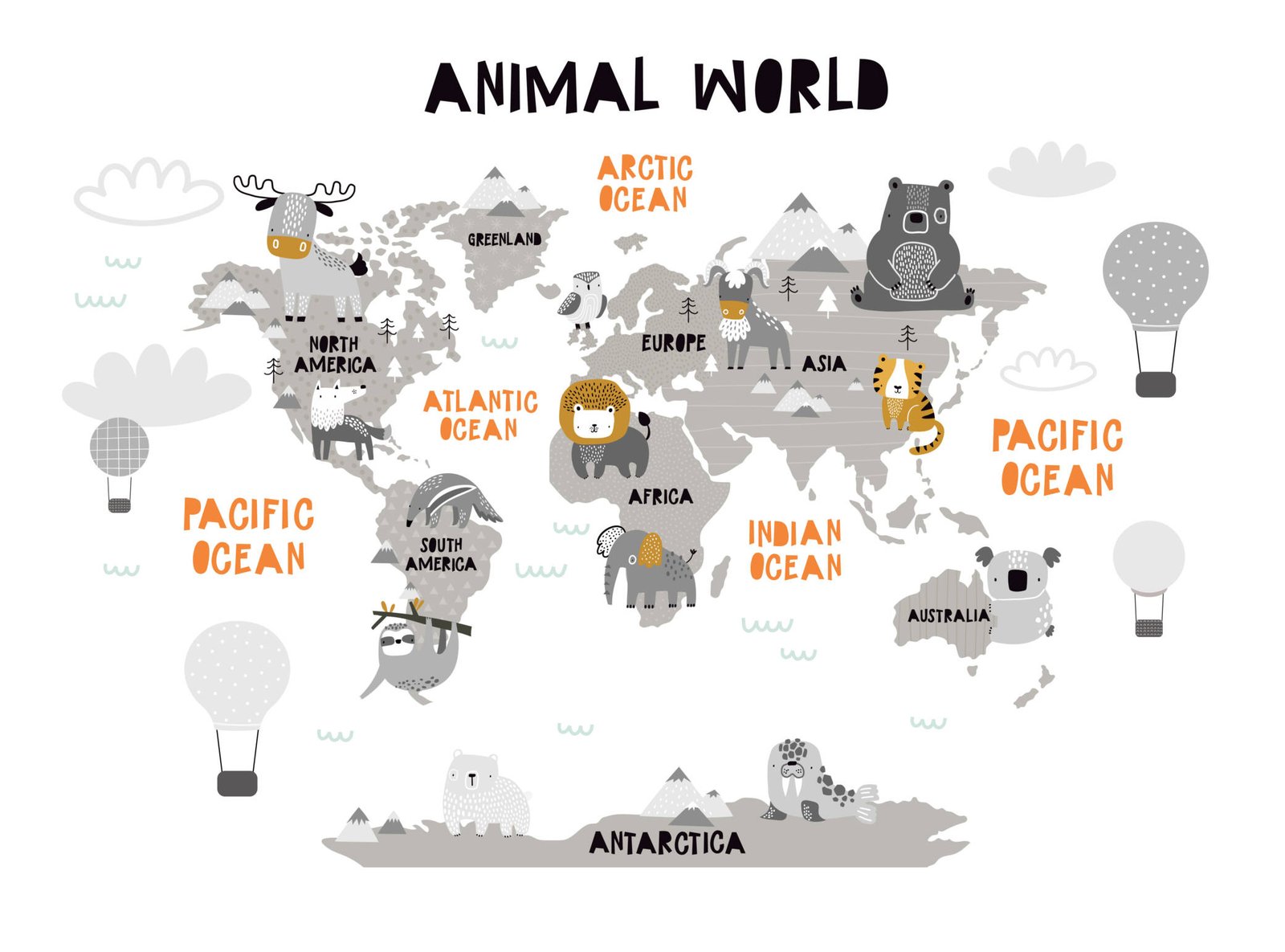 Animal world map with cartoon animals and oceans labeled