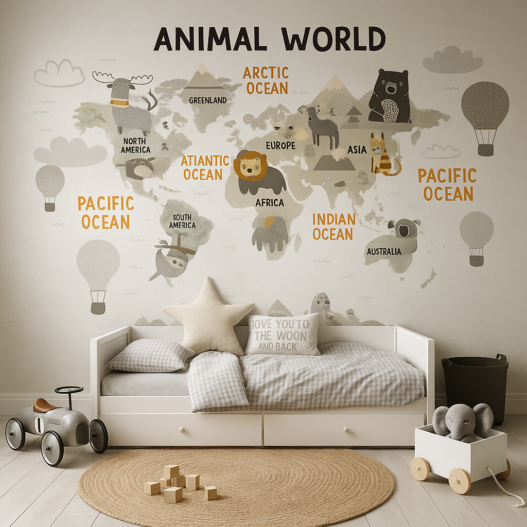 Animal world map with cartoon animals and oceans labeled