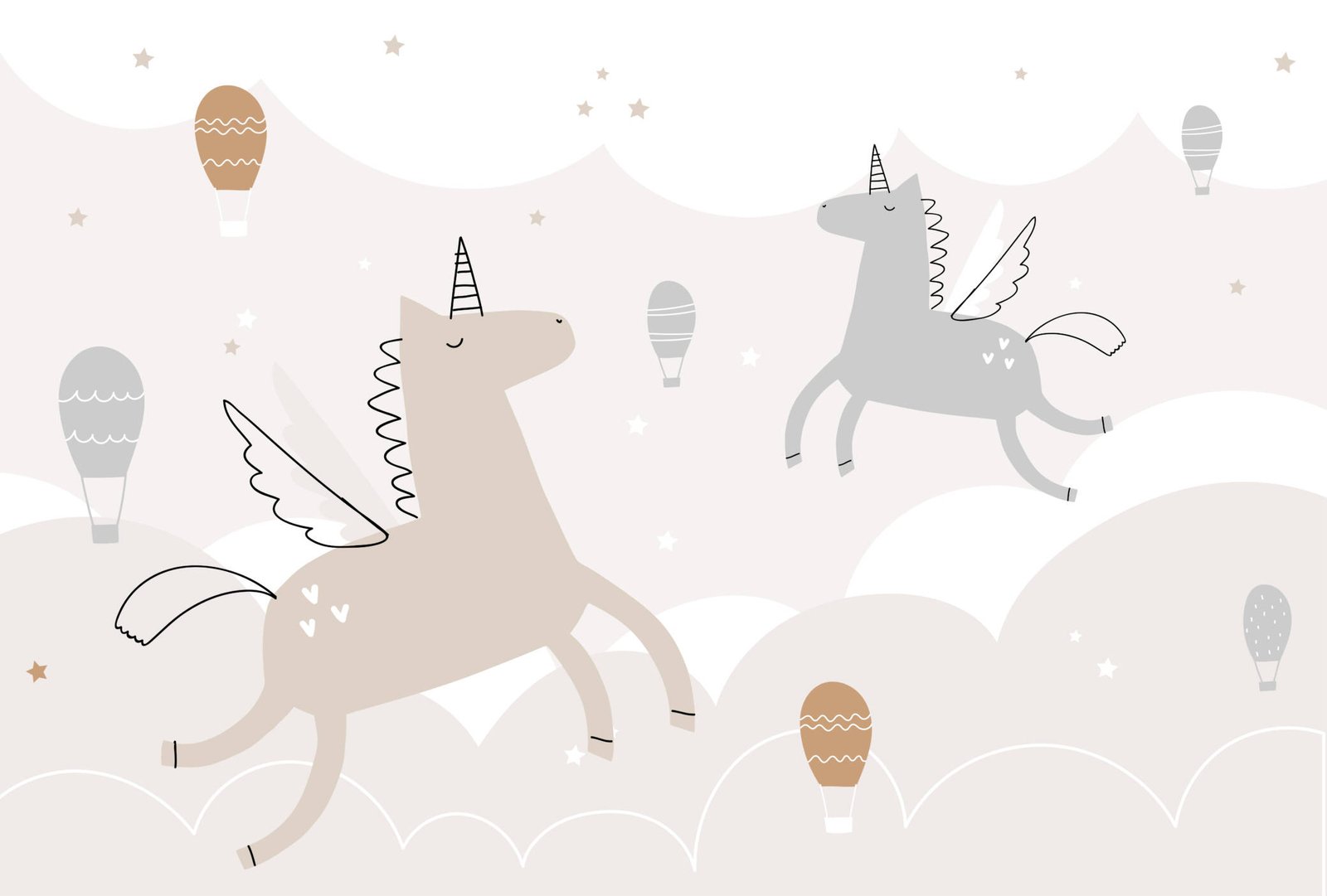 Cartoon unicorns flying among clouds and hot air balloons.