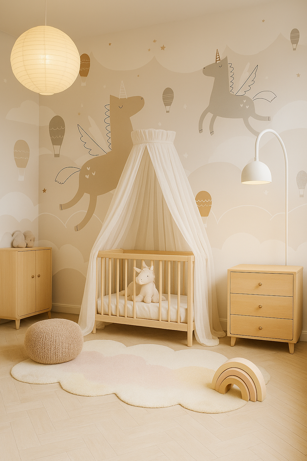 Neutral unicorn-themed nursery wallpaper with flying ponies and clouds