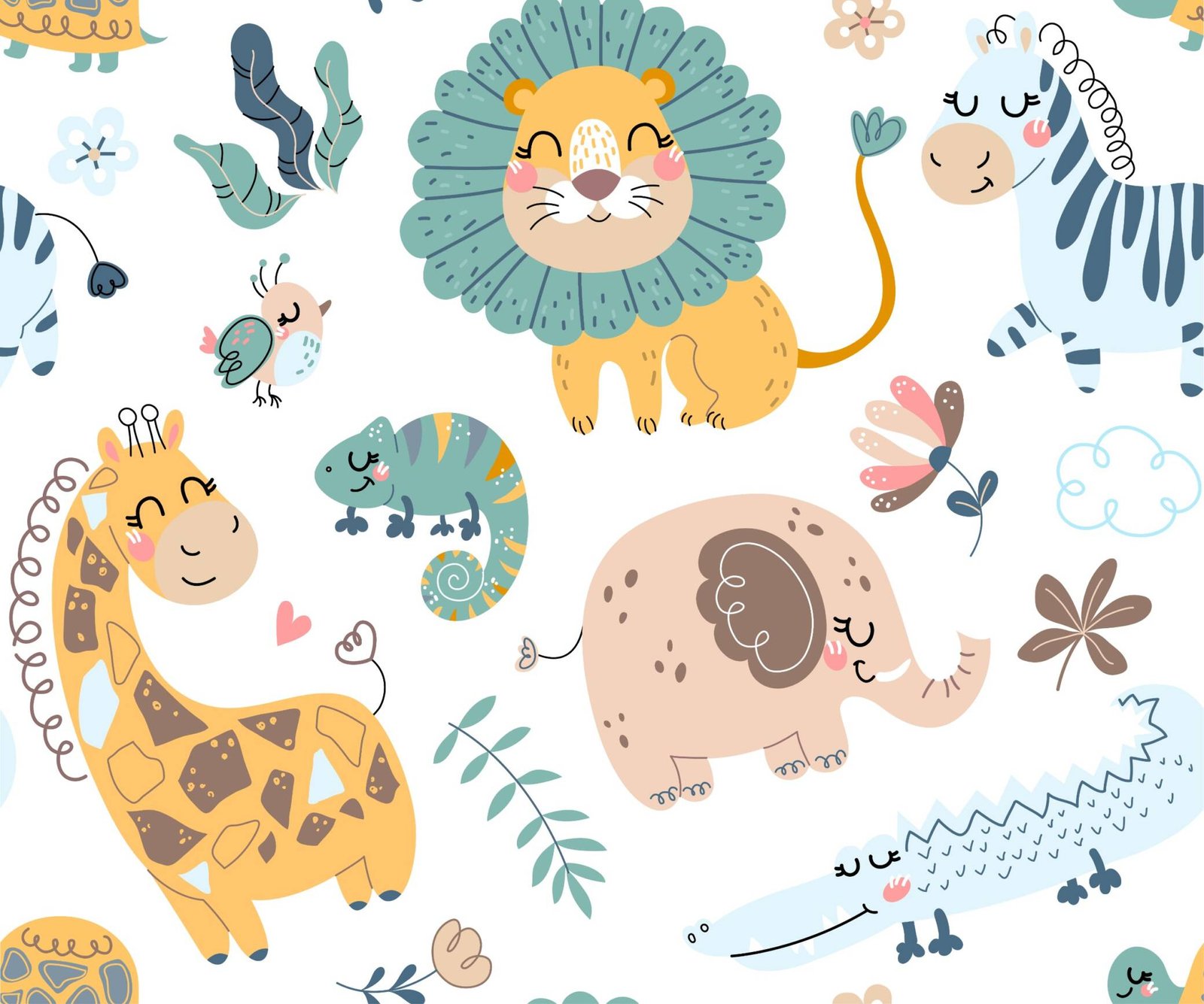 Pastel jungle animal wallpaper for kids' room decor