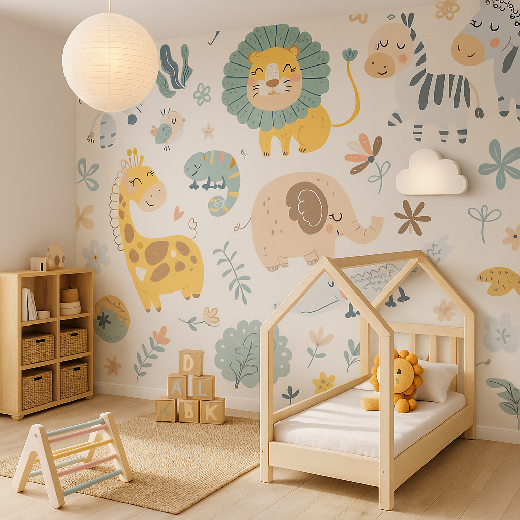 Pastel jungle animal wallpaper for kids room decor