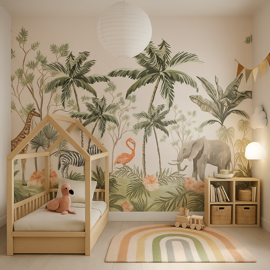 Kids room jungle mural with wooden bed and toys