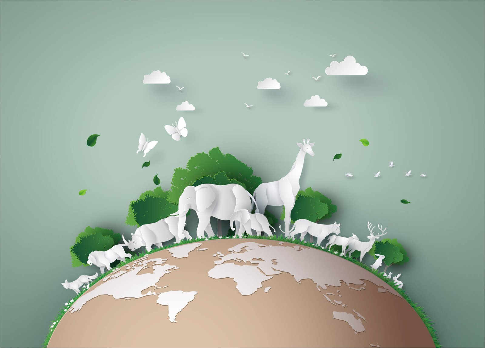 Paper cutout animals on globe with green trees and butterflies