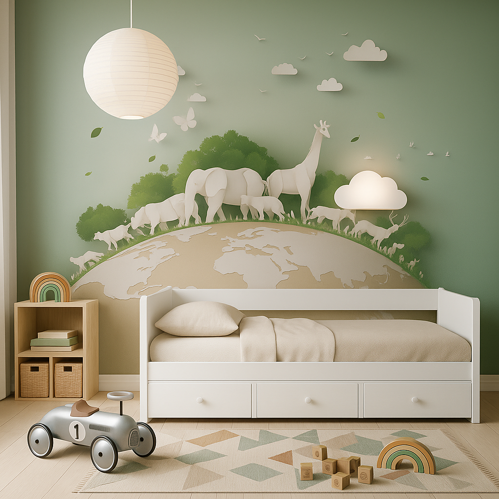 Paper cutout animals on globe with green trees and butterflies