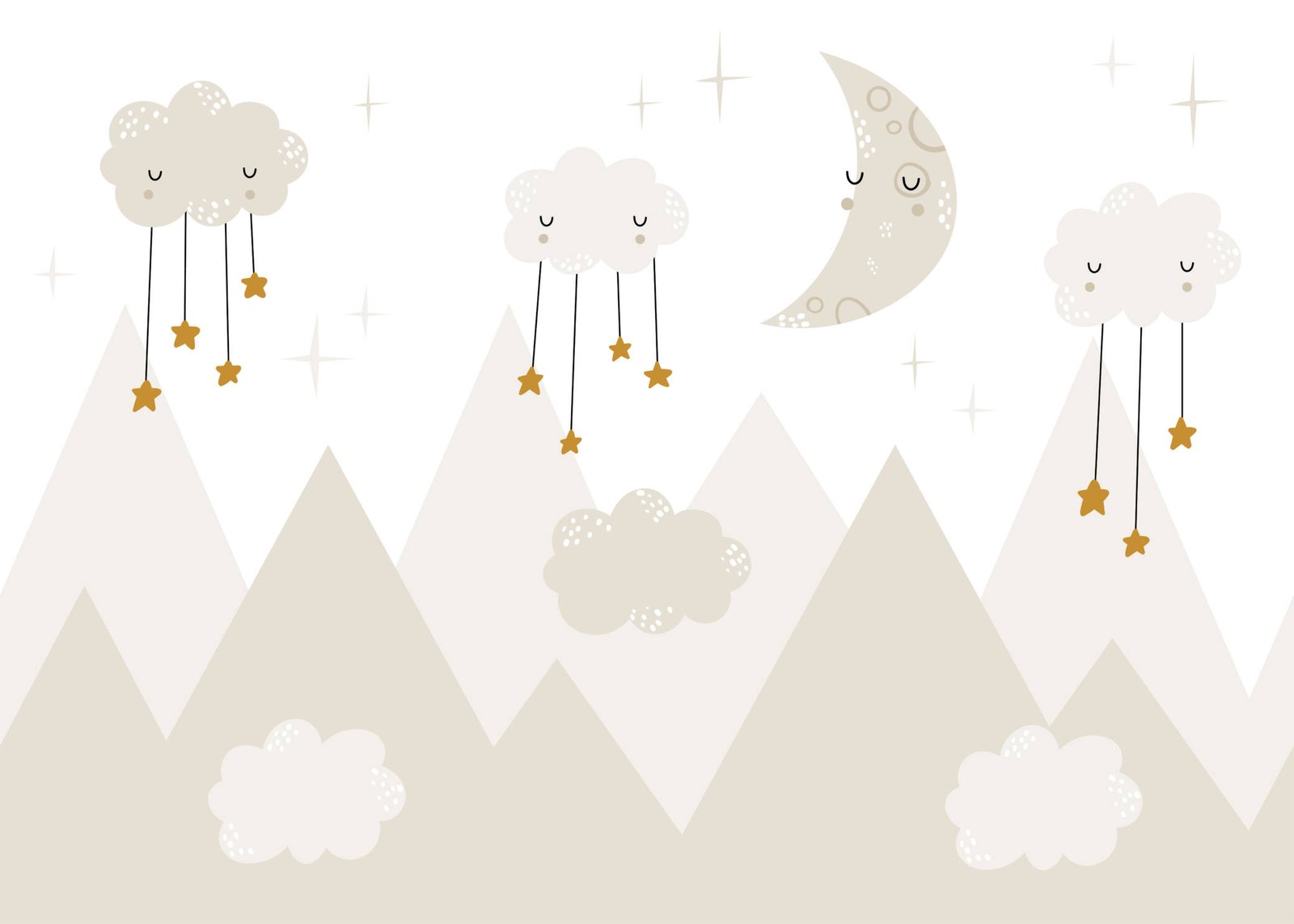 Stylish beige kids' room with wooden bed and moon and cloud wall art.