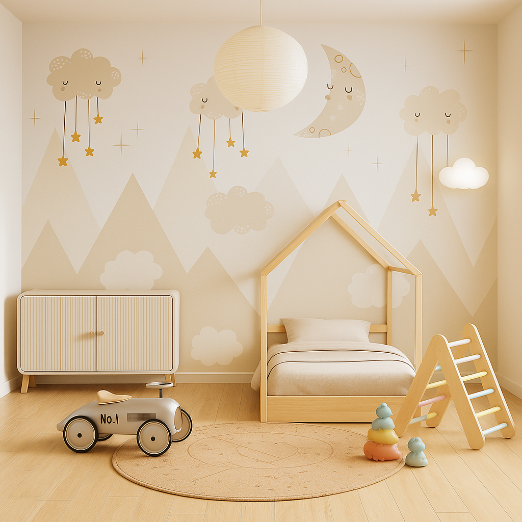 Stylish beige kids' room with wooden bed and moon and cloud wall art.