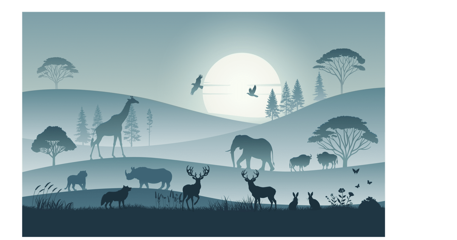 Moonrise safari animals silhouette with trees and moon