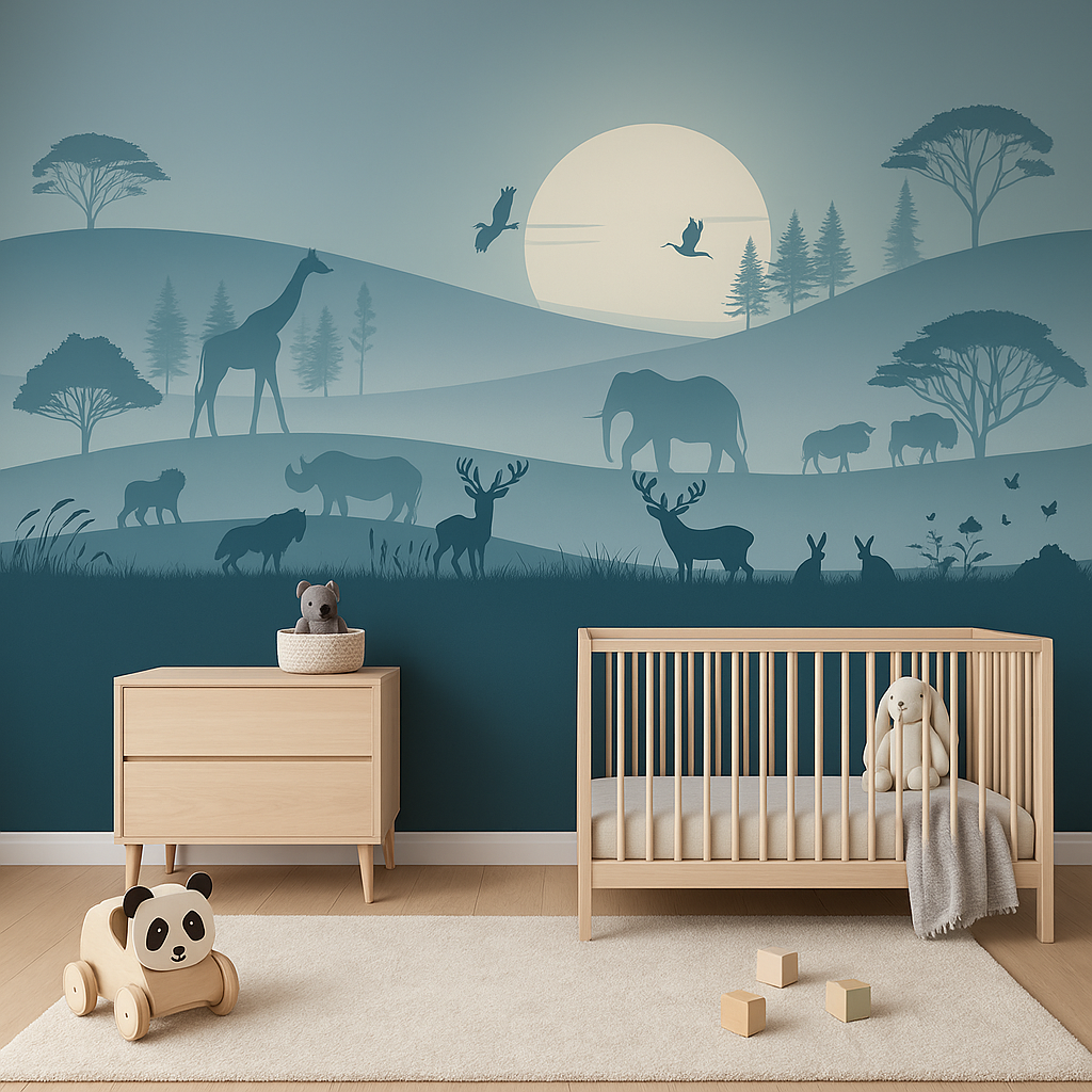 Moonrise safari animals silhouette with trees and moon