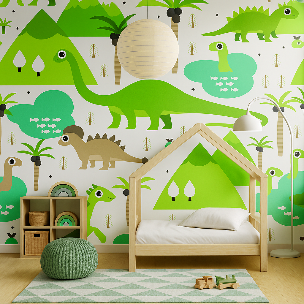Colorful dinosaur-themed kids' wallpaper with cartoon jungle elements