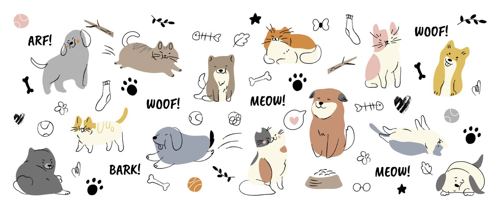 Pet-themed doodle wallpaper – playful dogs and cats design for kids' room.