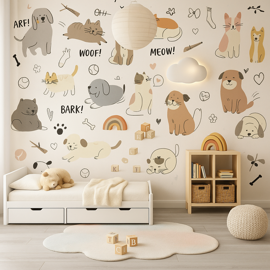 Pet-themed doodle wallpaper – playful dogs and cats design for kids' room.