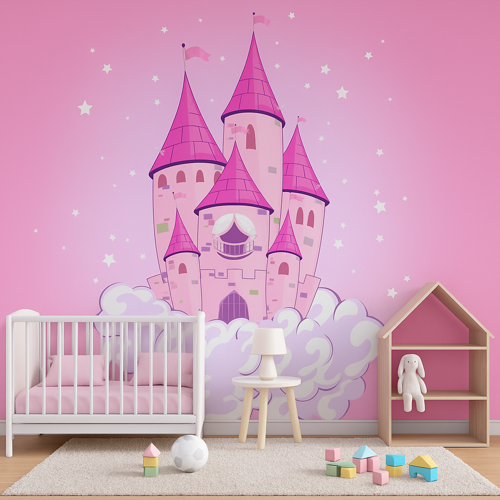 Pink castle mural in baby nursery room