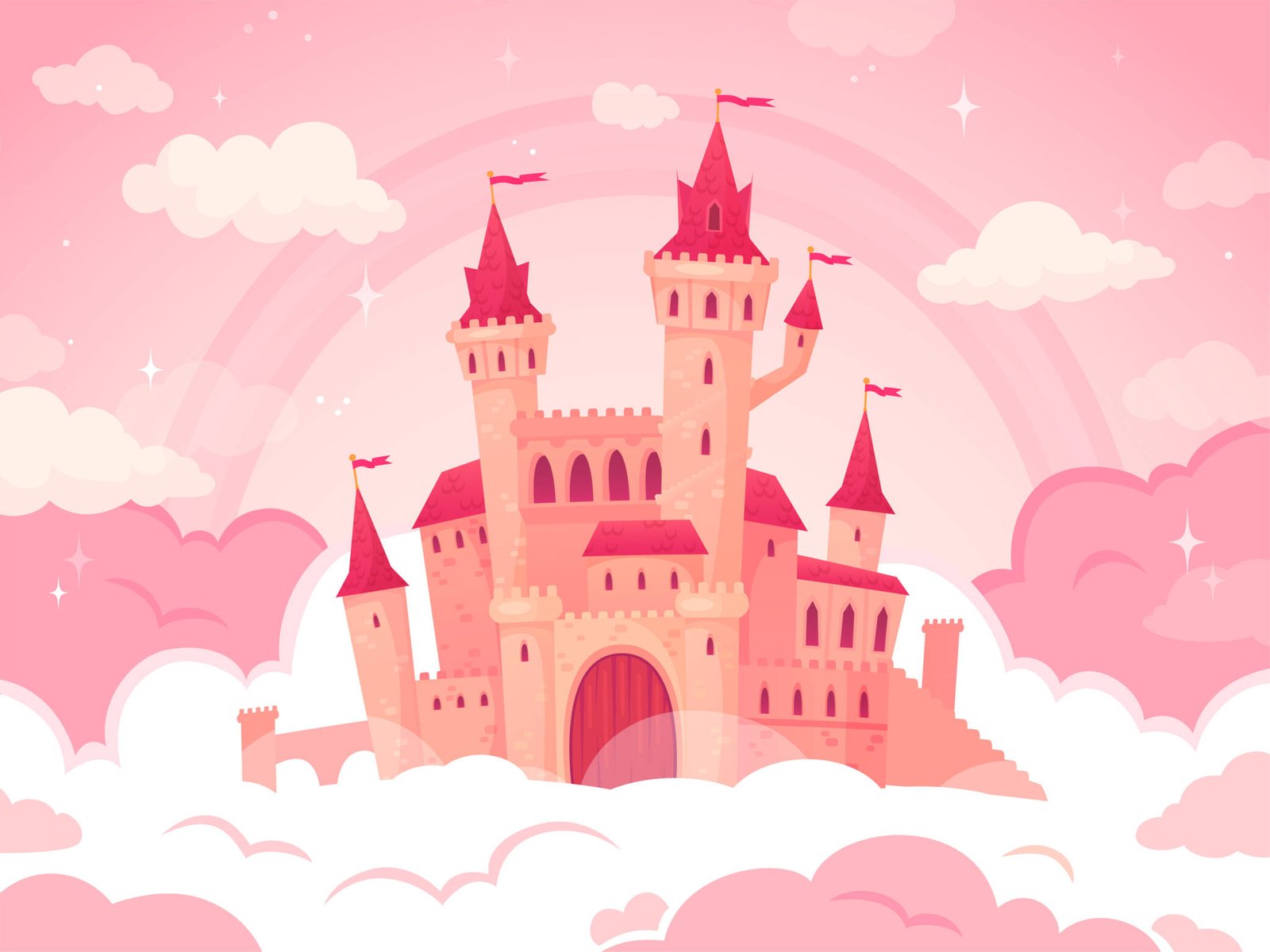Pink castle mural with cozy chair and toys in kids' room.