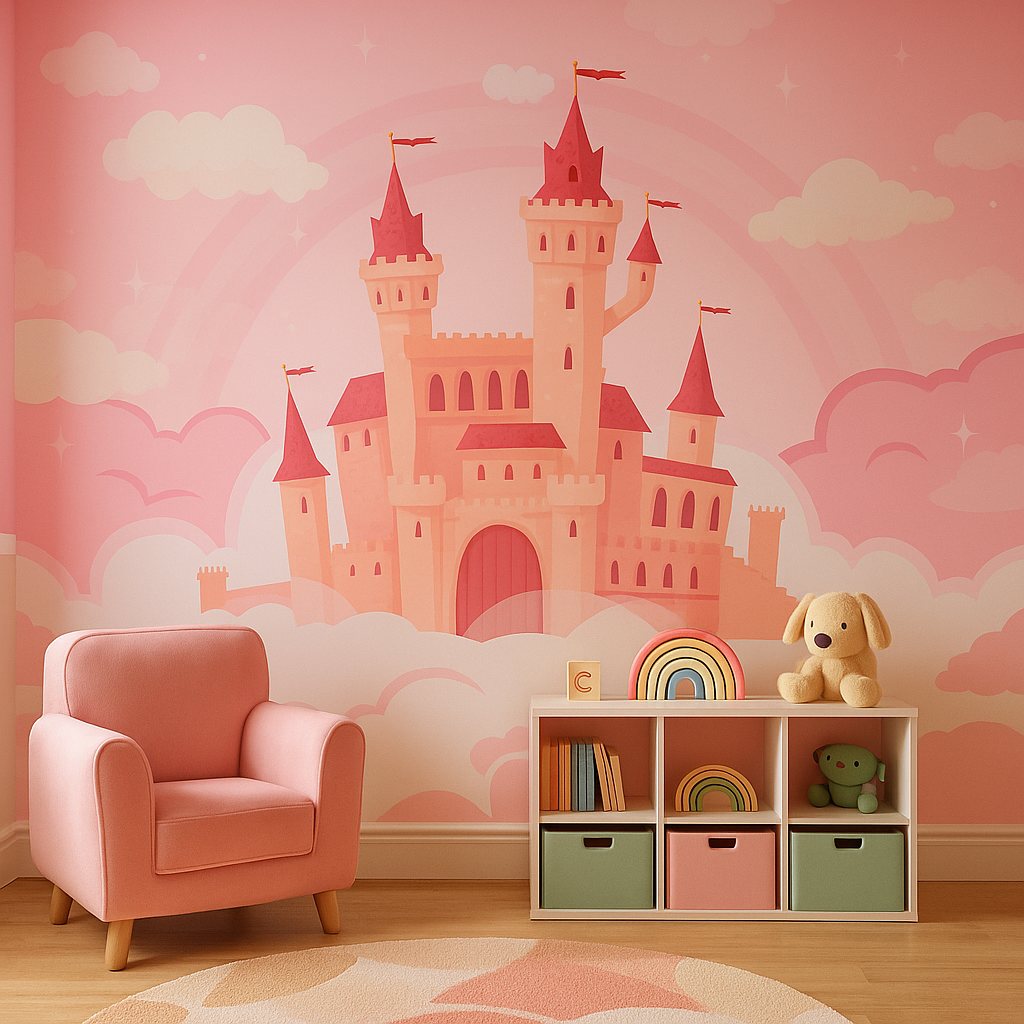 Pink castle mural with cozy chair and toys in kids room.