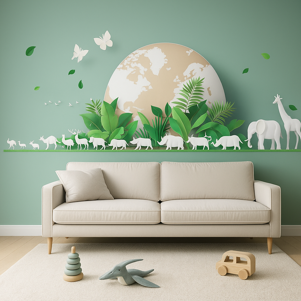 Eco-friendly animal scene with globe and green plants