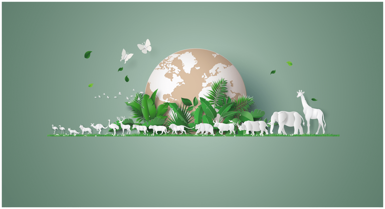 Eco-friendly animal scene with globe and green plants