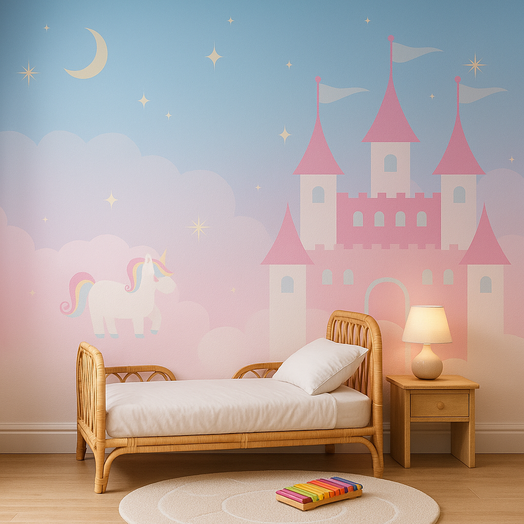 Pink castle and unicorn with stars and moon background.