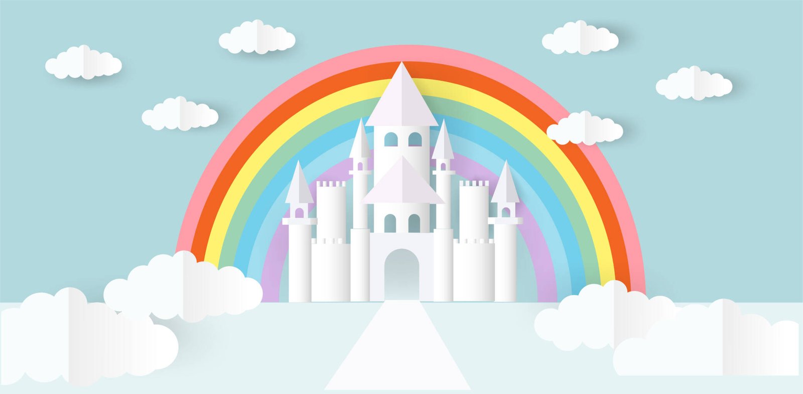 Kids' room with rainbow castle wall mural and hanging swing.