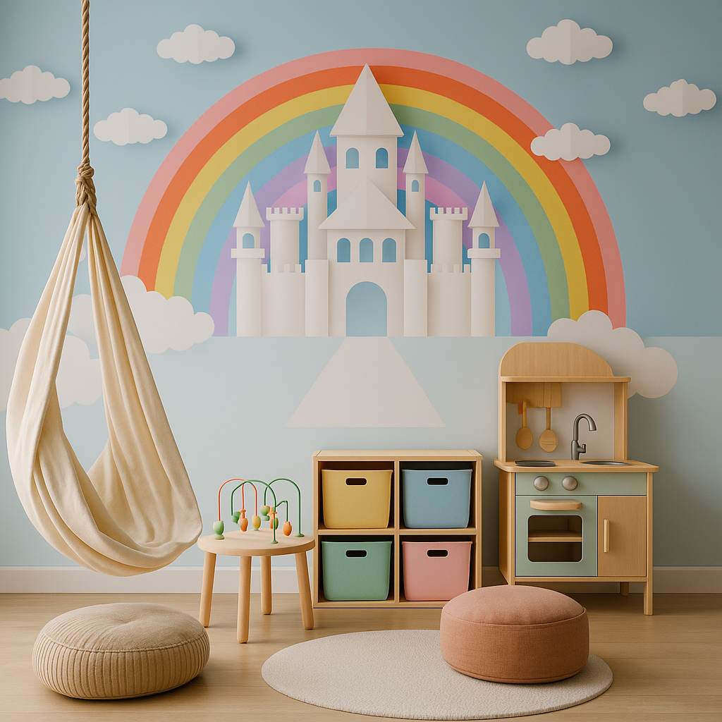 Kids' room with rainbow castle wall mural and hanging swing.